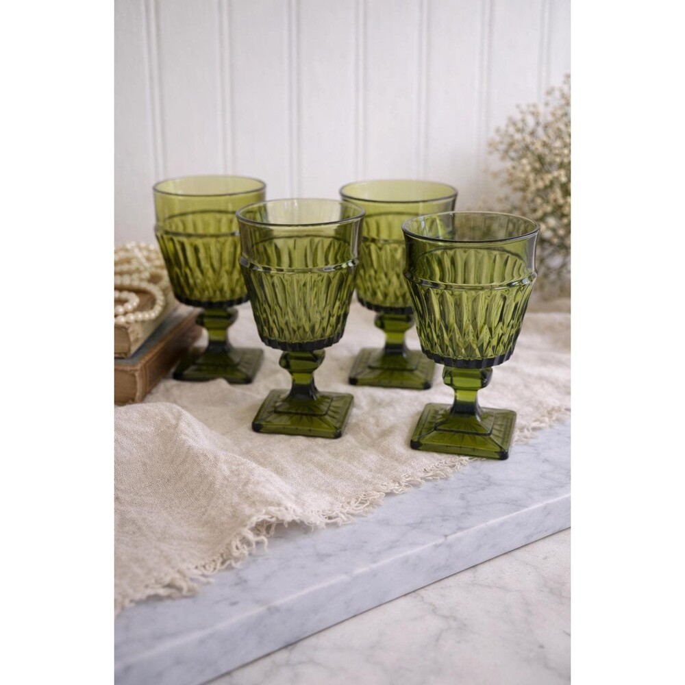 Set Of 4 Vintage Green Glass Goblets With Textured Design & Square Base
